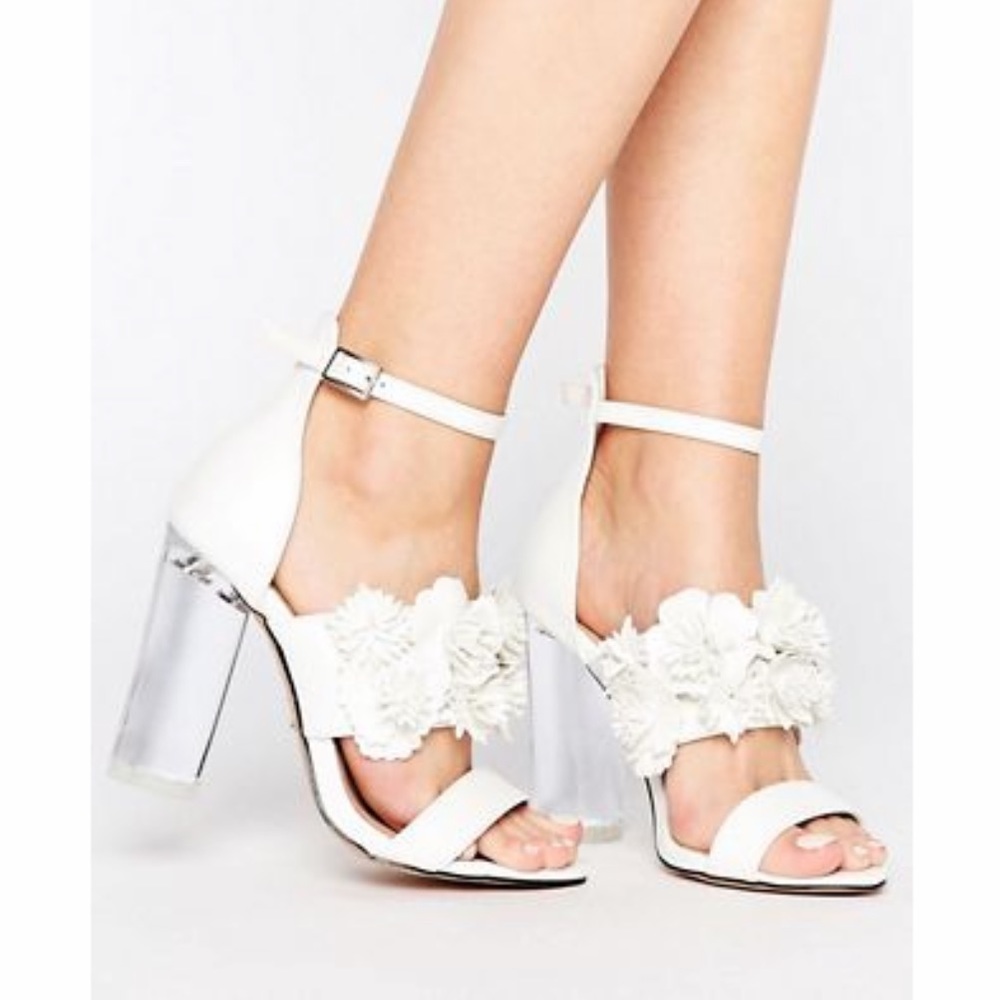 Lost Ink white floral lucite heels 8 flower bride